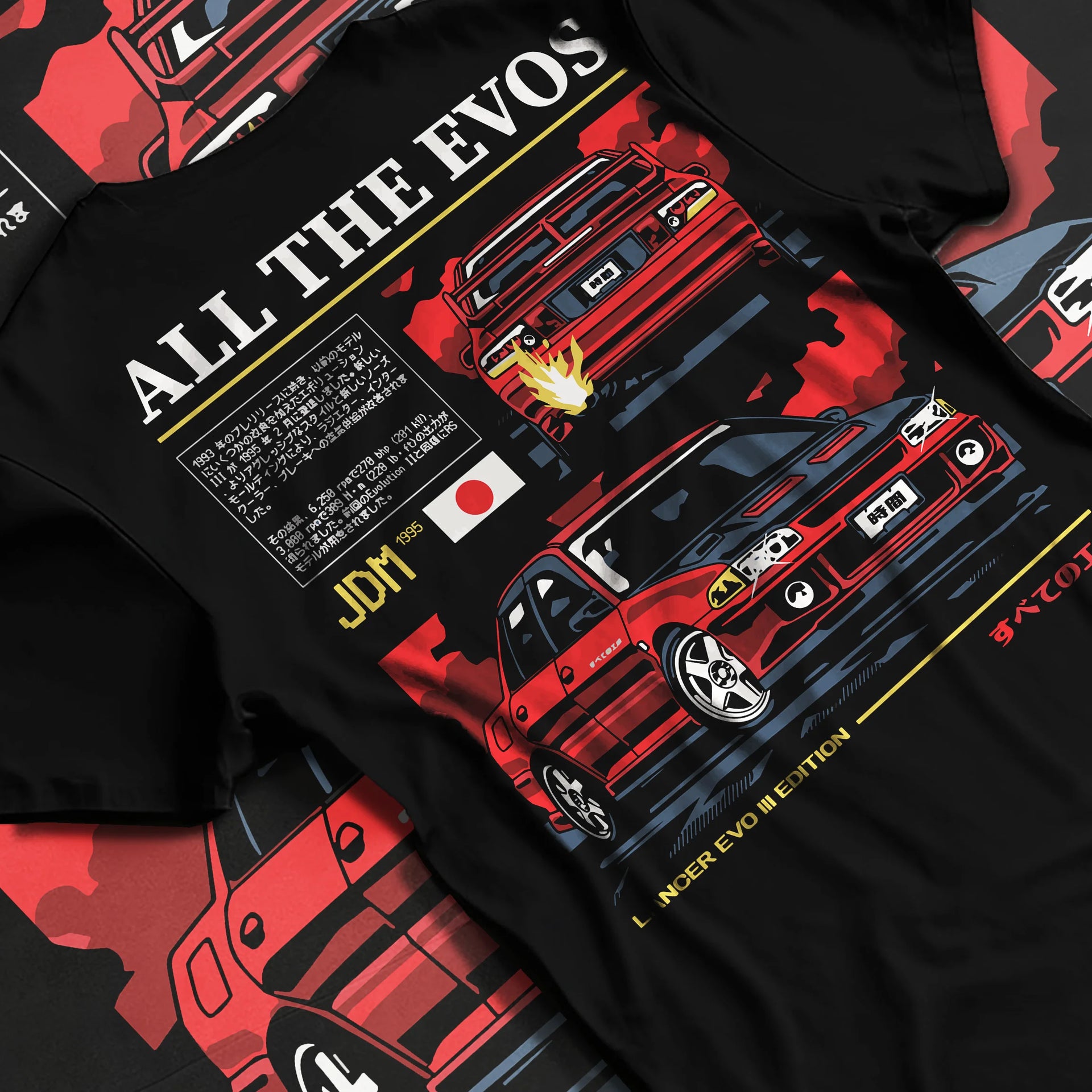 Black T-shirt laid flat with natural fabric folds, featuring Mitsubishi Lancer Evo III evo lancer turbo jdm legend racing graphic.