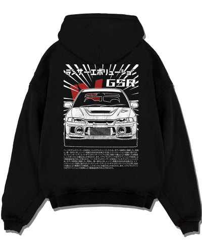 Black pullover hoodie laid flat on a white background, featuring Mitsubishi EVO lancer turbo racing drift jdm japanese graphic.