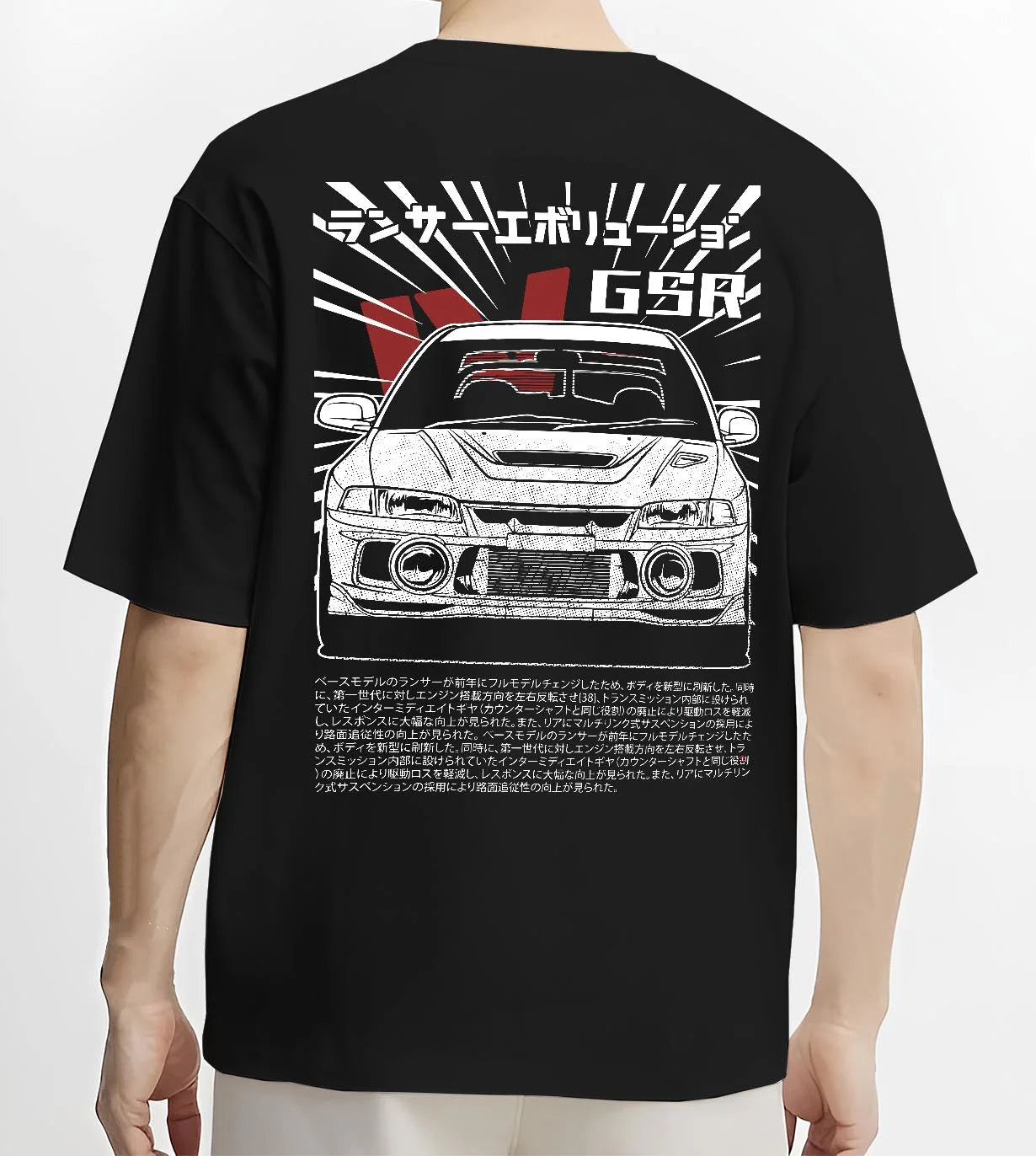 Black T-shirt worn by a male model, back view, featuring Mitsubishi EVO lancer turbo racing drift jdm japanese street graphic.