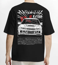 Black T-shirt worn by a male model, back view, featuring Mitsubishi EVO lancer turbo racing drift jdm japanese street graphic.