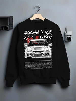 Black crewneck sweatshirt on a hanger against a grey wall, featuring Mitsubishi EVO lancer turbo racing drift jdm japanese graphic.