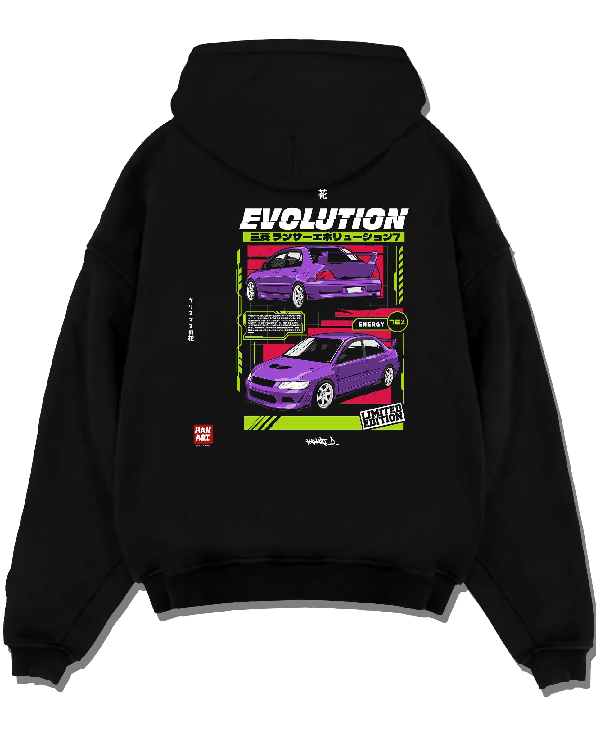 Black pullover hoodie laid flat on a white background, featuring Mitsubishi Lancer Evo VII evo lancer turbo racing jdm graphic.