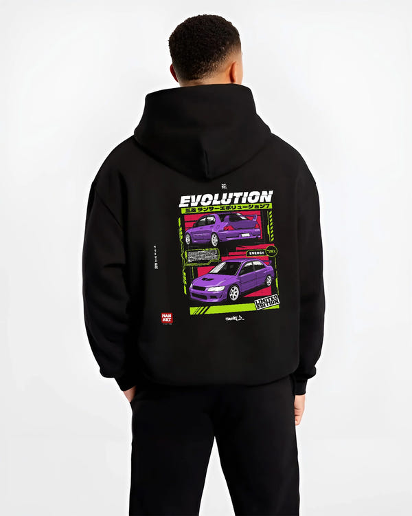 Black hoodie worn by a male model, back view, featuring Mitsubishi Lancer Evo VII evo lancer turbo racing jdm street graphic.