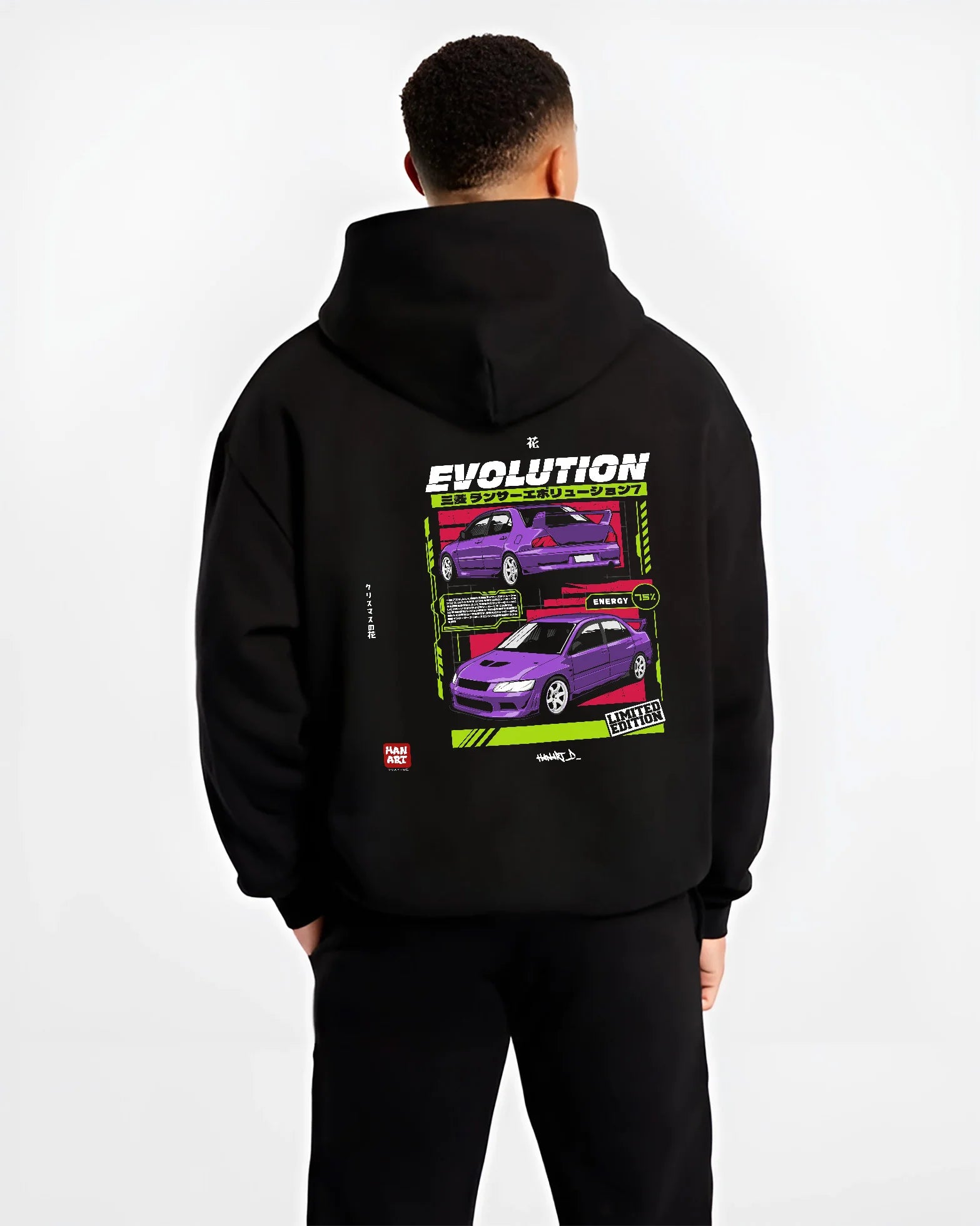 Black hoodie worn by a male model, back view, featuring Mitsubishi Lancer Evo VII evo lancer turbo racing jdm street graphic.