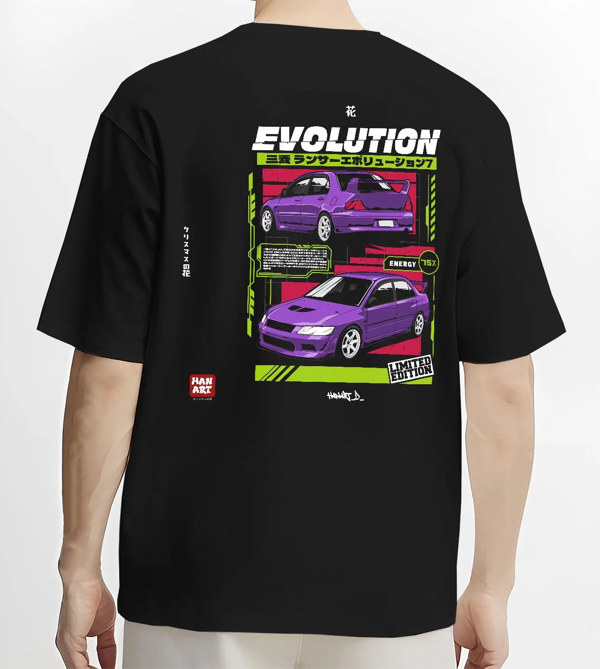 Black T-shirt worn by a male model, back view, featuring Mitsubishi Lancer Evo VII evo lancer turbo racing jdm street graphic.