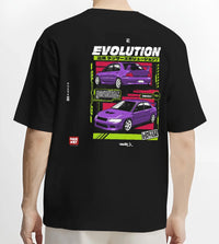 Black T-shirt worn by a male model, back view, featuring Mitsubishi Lancer Evo VII evo lancer turbo racing jdm street graphic.