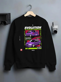 Black crewneck sweatshirt on a hanger against a grey wall, featuring Mitsubishi Lancer Evo VII evo lancer turbo racing jdm graphic.