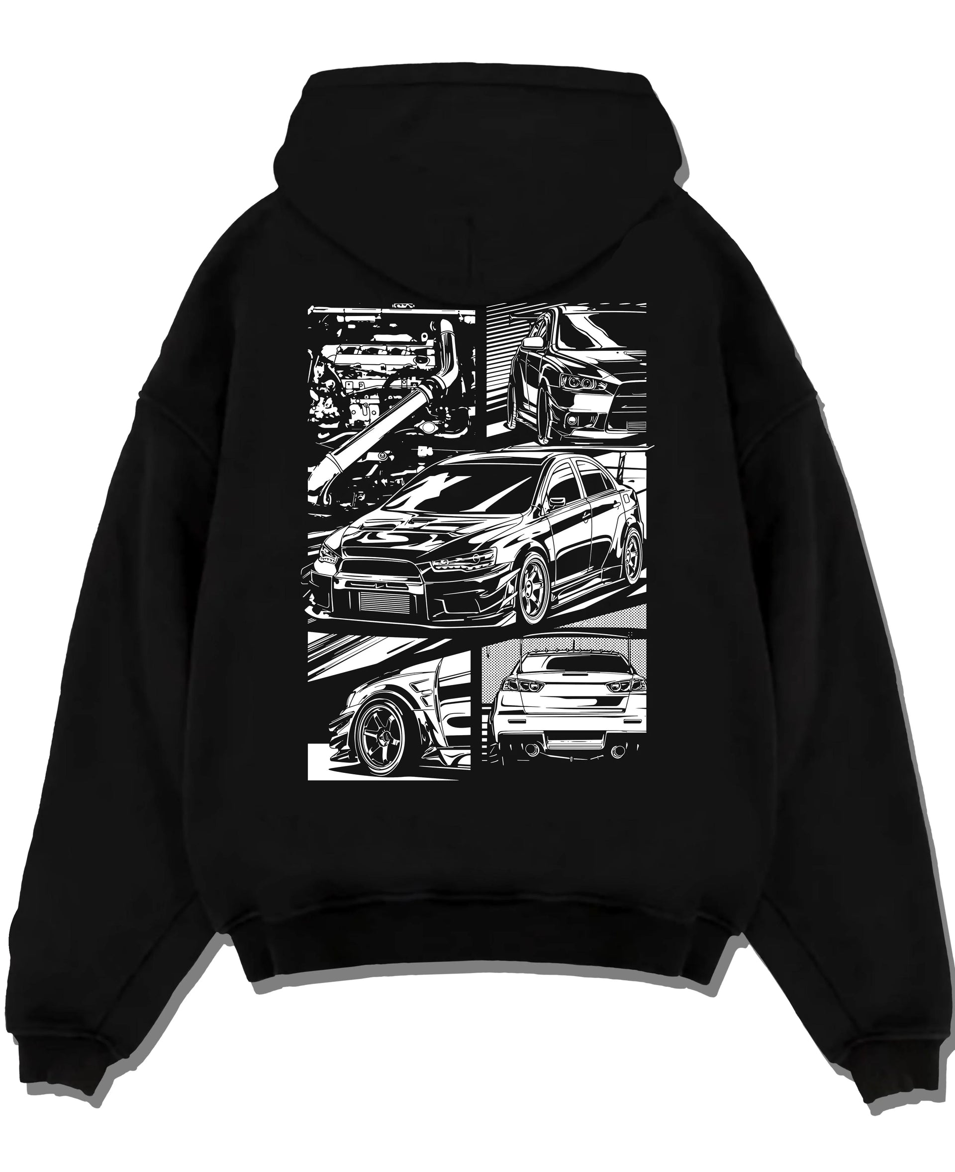 Black pullover hoodie laid flat on a white background, featuring Mitsubishi Lancer Evo X evo lancer turbo jdm racing street graphic.