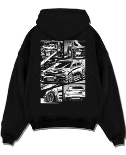 Black pullover hoodie laid flat on a white background, featuring Mitsubishi Lancer Evo X evo lancer turbo jdm racing street graphic.