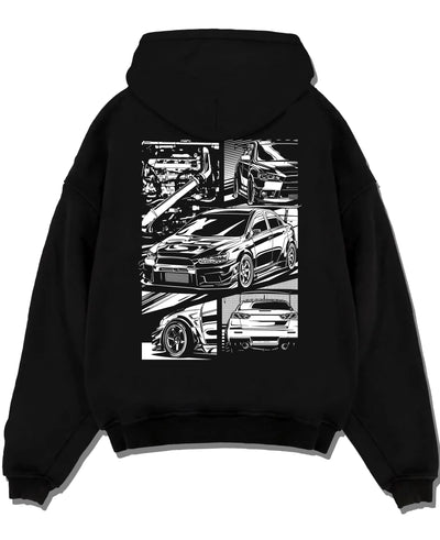 Black pullover hoodie laid flat on a white background, featuring Mitsubishi Lancer Evo X evo lancer turbo jdm racing street graphic.