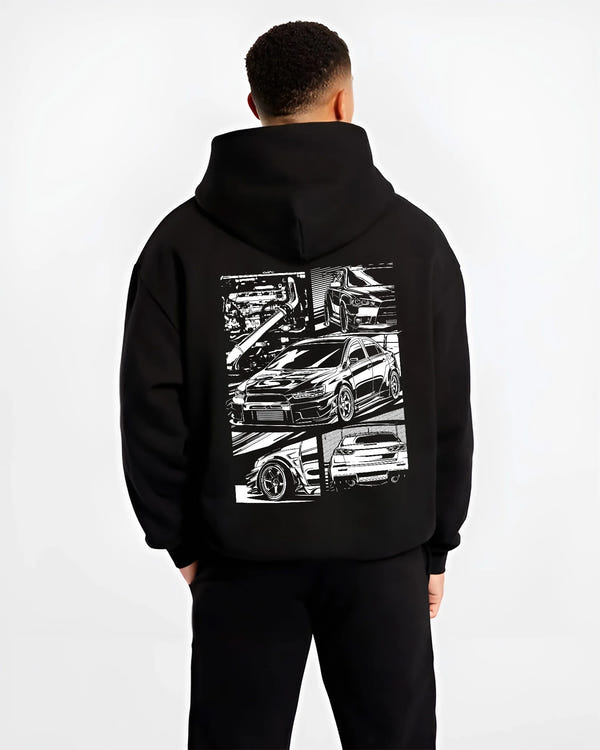 Black hoodie worn by a male model, back view, featuring Mitsubishi Lancer Evo X evo lancer turbo jdm racing street graphic.