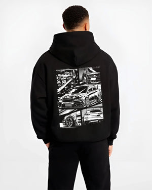 Black hoodie worn by a male model, back view, featuring Mitsubishi Lancer Evo X evo lancer turbo jdm racing street graphic.