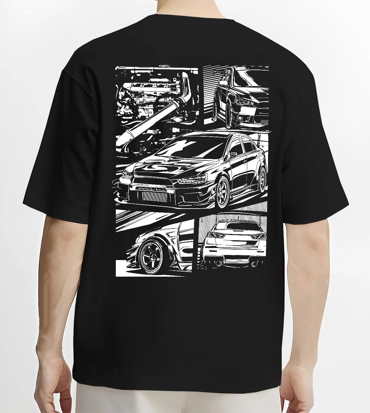 Black T-shirt worn by a male model, back view, featuring Mitsubishi Lancer Evo X evo lancer turbo jdm racing street graphic.
