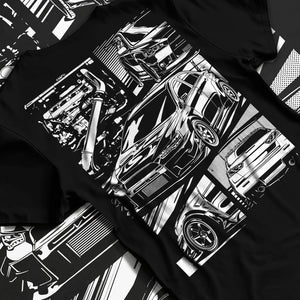 Black T-shirt laid flat with natural fabric folds, featuring Mitsubishi Lancer Evo X evo lancer turbo jdm racing street graphic.