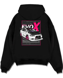 Black pullover hoodie laid flat on a white background, featuring Mitsubishi Lancer Evo X evo lancer jdm street racing graphic.