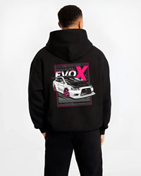 Black hoodie worn by a male model, back view, featuring Mitsubishi Lancer Evo X evo lancer jdm street racing performance graphic.