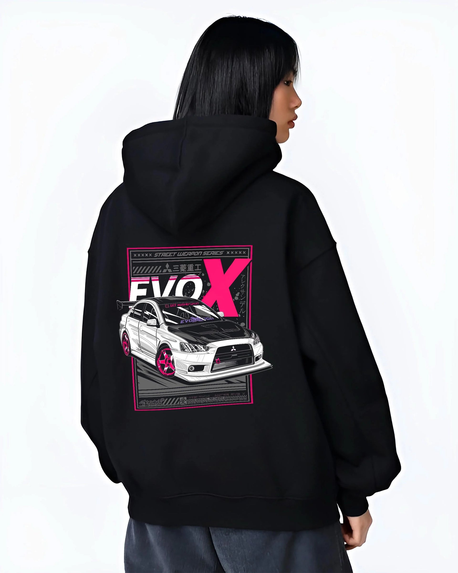 Black hoodie worn by a female model, back view, featuring Mitsubishi Lancer Evo X evo lancer jdm street racing performance graphic.