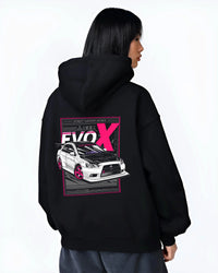 Black hoodie worn by a female model, back view, featuring Mitsubishi Lancer Evo X evo lancer jdm street racing performance graphic.
