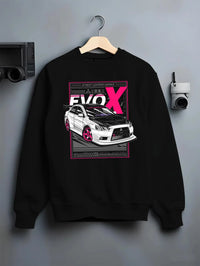 Black crewneck sweatshirt on a hanger against a grey wall, featuring Mitsubishi Lancer Evo X evo lancer jdm street racing graphic.