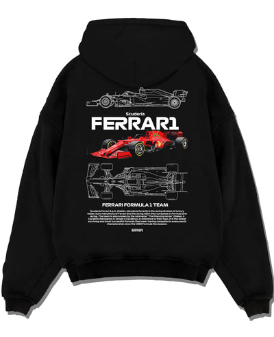 Black pullover hoodie laid flat on a white background, featuring Ferrari rs racing f1 formula motorsport speed street graphic.