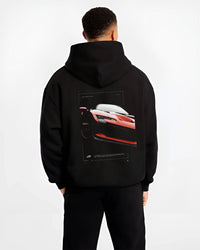 Black hoodie worn by a male model, back view, featuring Ferrari rs racing f1 formula motorsport speed street graphic.