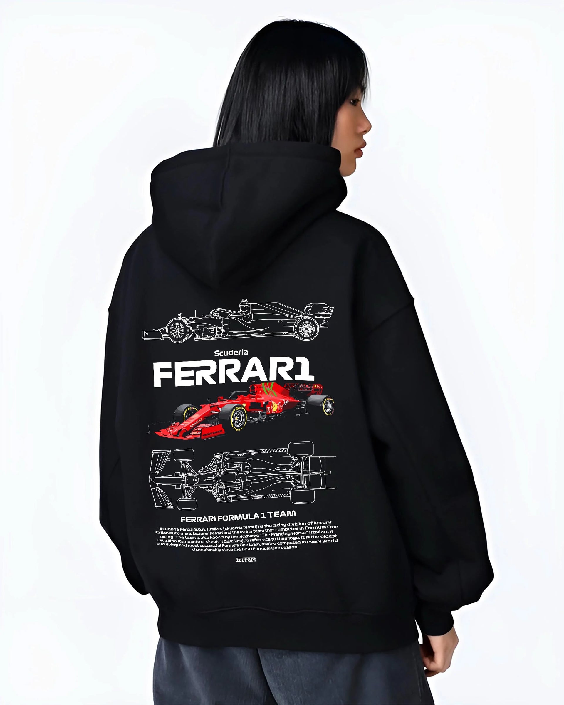 Black hoodie worn by a female model, back view, featuring Ferrari rs racing f1 formula motorsport speed street graphic.
