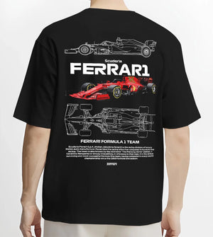 Black T-shirt worn by a male model, back view, featuring Ferrari rs racing f1 formula motorsport speed street graphic.
