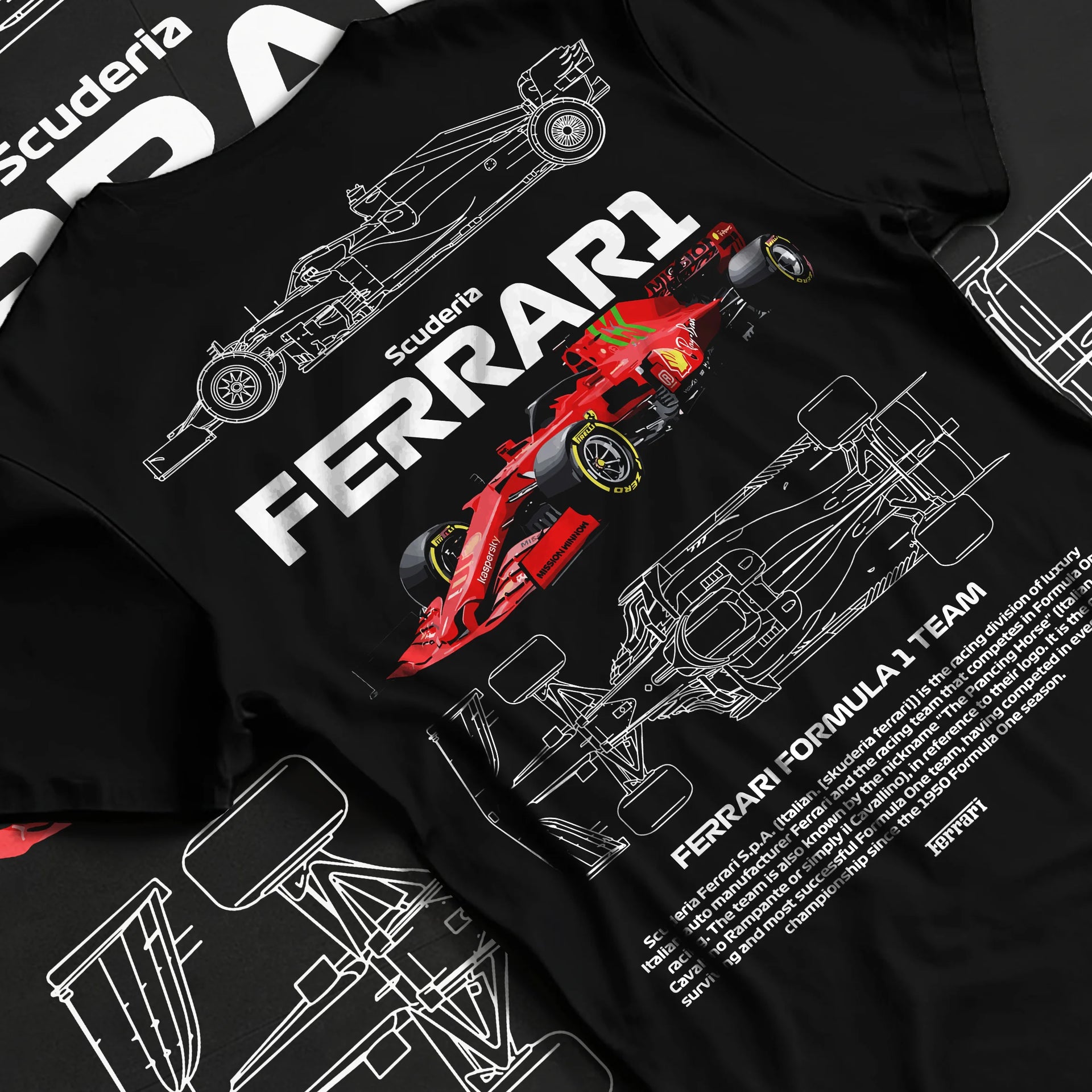 Black T-shirt laid flat with natural fabric folds, featuring Ferrari rs racing f1 formula motorsport speed street graphic.