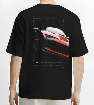 Black T-shirt worn by a male model, back view, featuring Ferrari SF90 racing street performance motorsport automotive graphic.