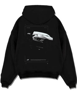 Black pullover hoodie laid flat on a white background, featuring Ford Mustang rs racing muscle street retro performance graphic.