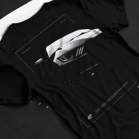Black T-shirt laid flat with natural fabric folds, featuring Ford Mustang rs racing muscle street retro performance graphic.