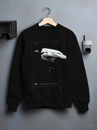Black crewneck sweatshirt on a hanger against a grey wall, featuring Ford Mustang rs racing muscle street retro performance graphic.