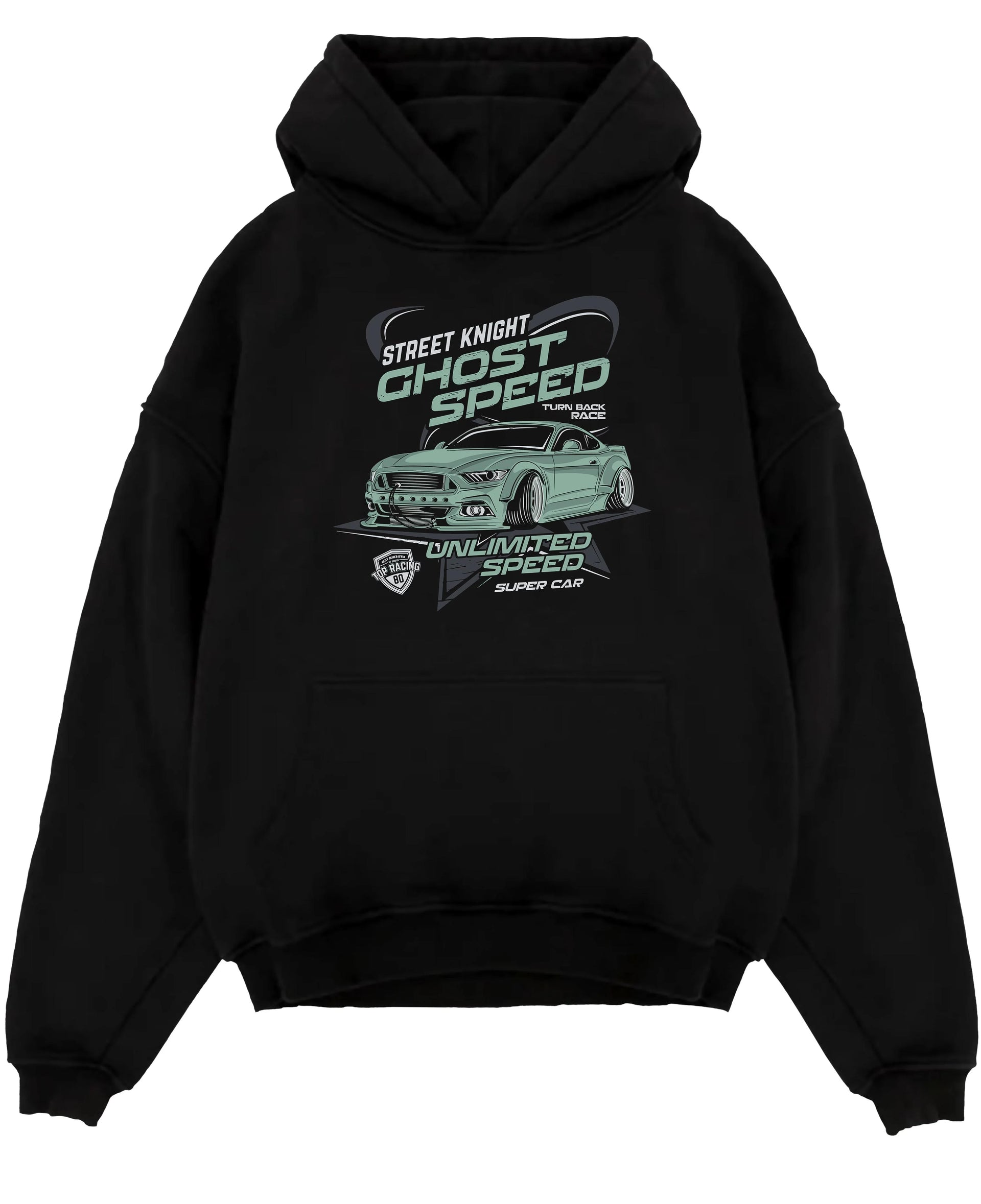 Black pullover hoodie laid flat on a white background, featuring Ford Mustang rs racing muscle street retro power graphic.