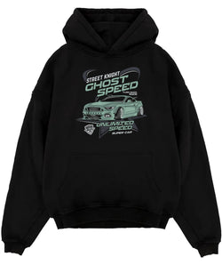 Black pullover hoodie laid flat on a white background, featuring Ford Mustang rs racing muscle street retro power graphic.
