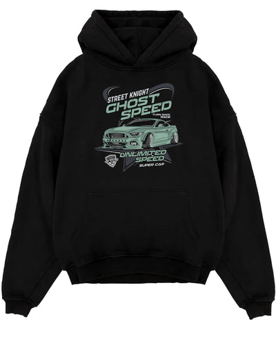 Black pullover hoodie laid flat on a white background, featuring Ford Mustang rs racing muscle street retro power graphic.
