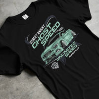 Black T-shirt laid flat with natural fabric folds, featuring Ford Mustang rs racing muscle street retro power enthusiast graphic.