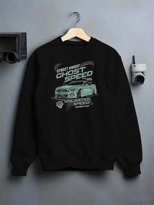 Black crewneck sweatshirt on a hanger against a grey wall, featuring Ford Mustang rs racing muscle street retro power graphic.