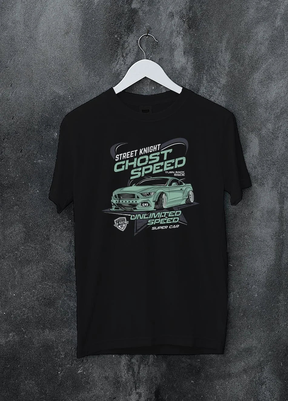 Black crewneck T-shirt on a hanger against a grey wall, featuring Ford Mustang rs racing muscle street retro power graphic.