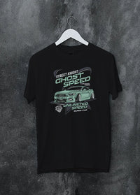 Black crewneck T-shirt on a hanger against a grey wall, featuring Ford Mustang rs racing muscle street retro power graphic.