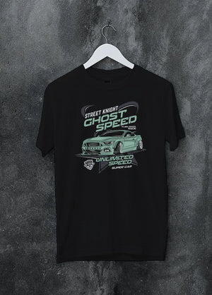 Black crewneck T-shirt on a hanger against a grey wall, featuring Ford Mustang rs racing muscle street retro power graphic.