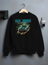 Black crewneck sweatshirt on a hanger against a grey wall, featuring Ford Mustang street retro classic enthusiast racing graphic.