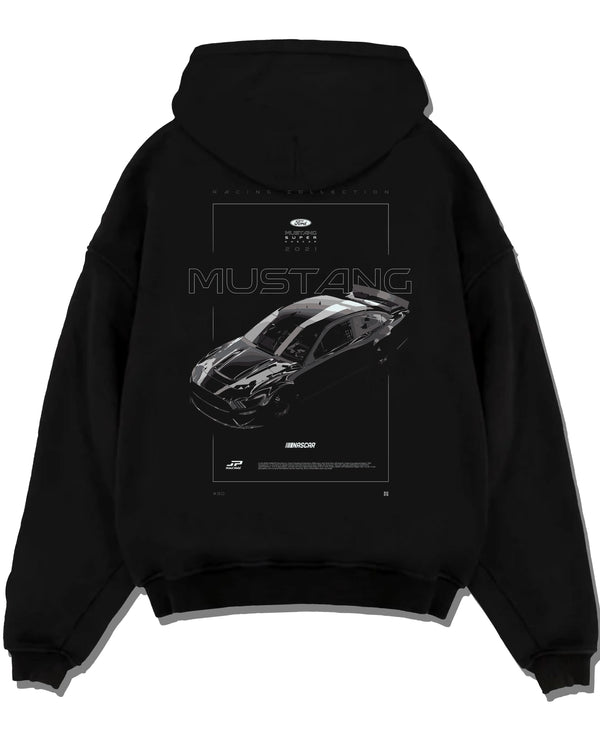 Black pullover hoodie laid flat on a white background, featuring Ford Mustang rs muscle street classic racing performance graphic.