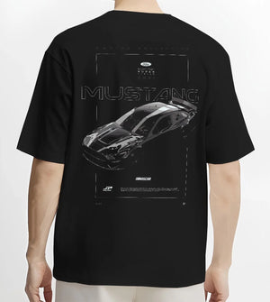 Black T-shirt worn by a male model, back view, featuring Ford Mustang rs muscle street classic racing performance graphic.