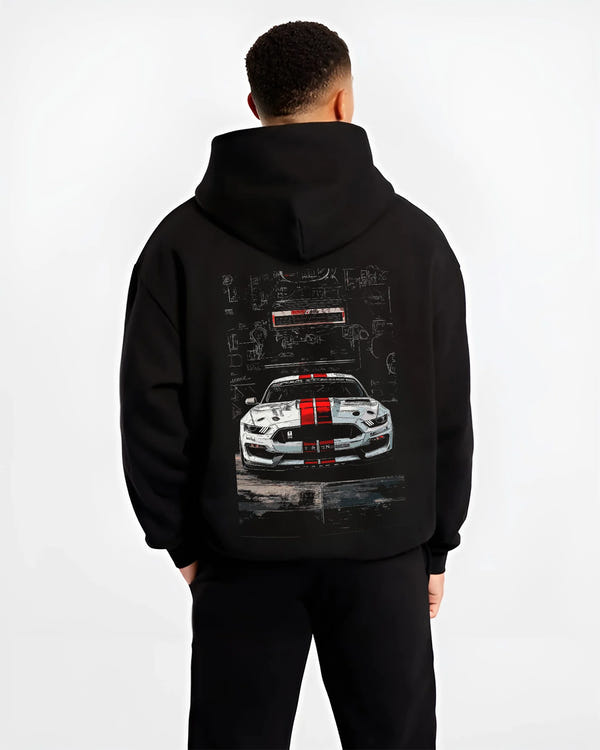 Black hoodie worn by a male model, back view, featuring Ford Mustang rs racing muscle street retro show graphic.