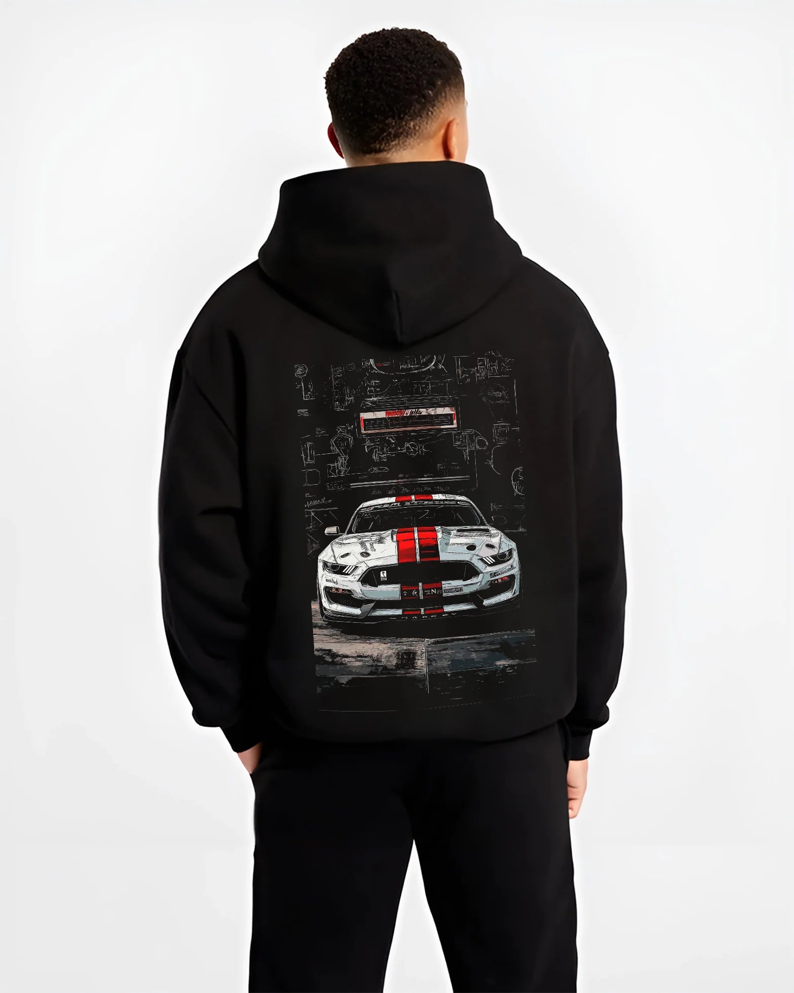 Black hoodie worn by a male model, back view, featuring Ford Mustang rs racing muscle street retro show graphic.