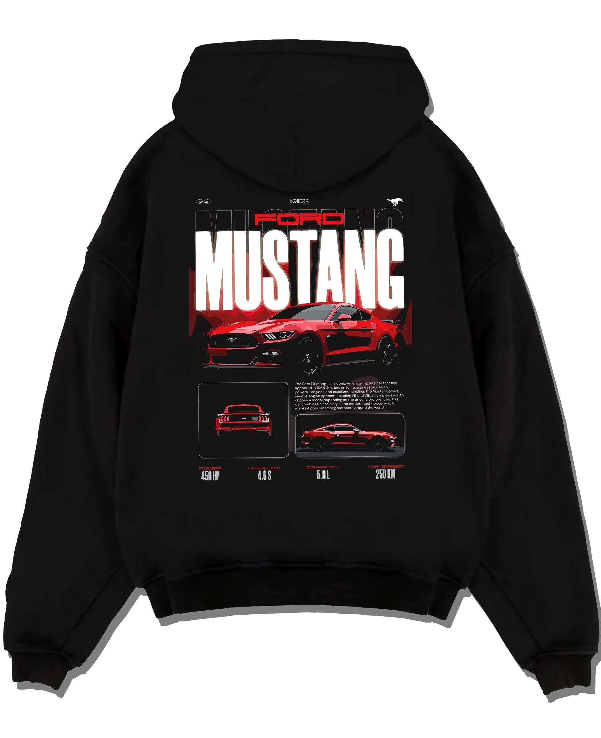 Black pullover hoodie laid flat on a white background, featuring Ford Mustang v8 american muscle street classic iconic graphic.