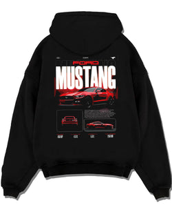 Black pullover hoodie laid flat on a white background, featuring Ford Mustang v8 american muscle street classic iconic graphic.
