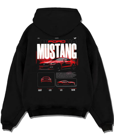 Black pullover hoodie laid flat on a white background, featuring Ford Mustang v8 american muscle street classic iconic graphic.
