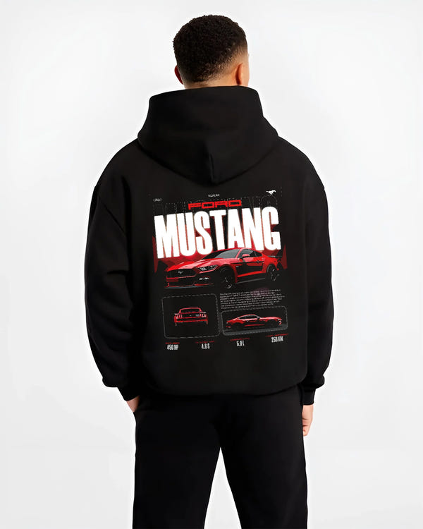 Black hoodie worn by a male model, back view, featuring Ford Mustang v8 american muscle street classic iconic power graphic.