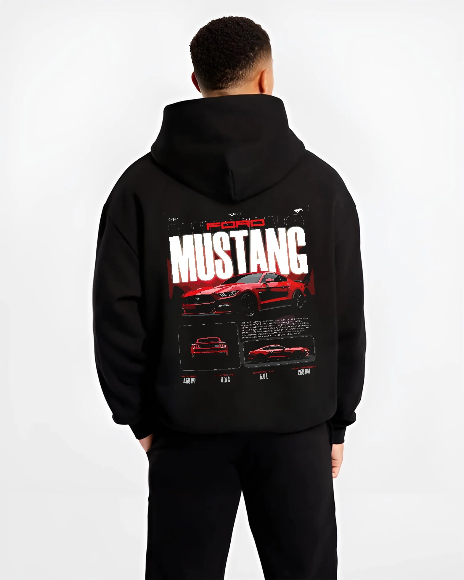 Black hoodie worn by a male model, back view, featuring Ford Mustang v8 american muscle street classic iconic power graphic.